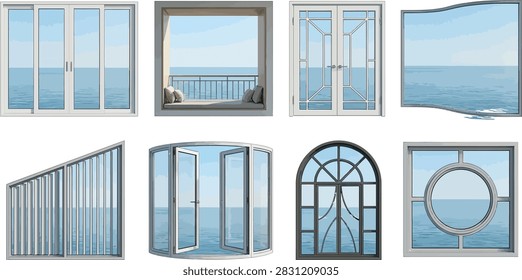 A collection of various architectural window and door styles featuring ocean views, isolated on a white background.
