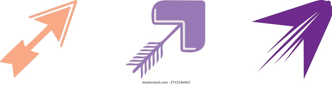 Uma coleção de vários designs de setas, incluindo estilos com contorno, plano de penas e linha de velocidade. Representa direção, movimento e navegação.