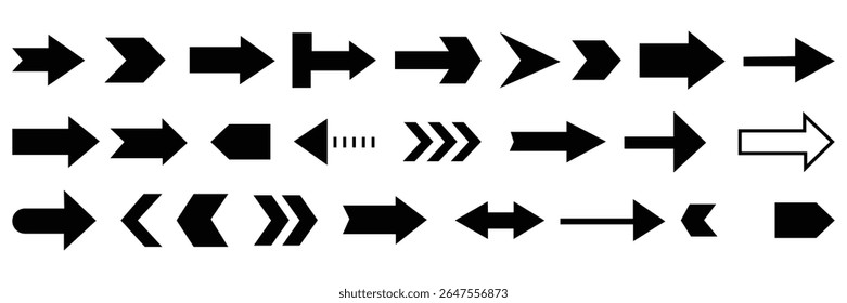 Collection of various arrow designs pointing in different directions isolated on white