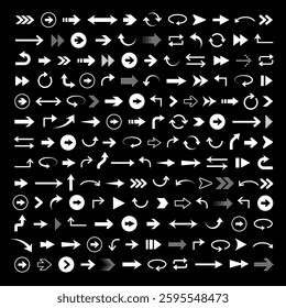 Collection of various arrow icons in different styles and directions on a black background. Arrows include straight, curved, and dotted designs. Element vector set.