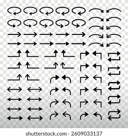 Collection of various arrow icons in different directions and styles. Includes curved, straight, and looped arrows for design use. Element vector set.