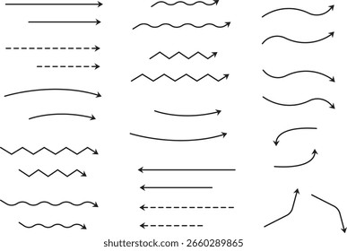 Eine Sammlung verschiedener Pfeillinienstile, darunter gerade, gekrümmte, zickzackförmige, gestrichelte und gewellte Pfeile. Handgezeichnete, minimale Vektorgrafik. Perfekt für Infografiken, Präsentationen, UI und UX. 