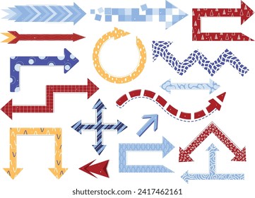 Collection of various arrows in different styles and patterns. Set of decorated directional indicators vector illustration.