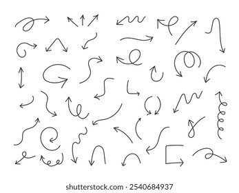Collection of various arrows in doodle style. Hand drawn scribble arrow. Line art Sketch illustration. Great for highlighting points in infographics, notes, graphic design projects