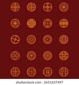 Collection of various Asian-inspired decorative patterns, consisting of circles and octagons featuring geometric and floral motifs. The designs are rendered in a bold line style