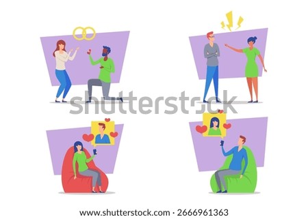 Collection of various aspects of couples relationship, including engagement, disagreement, admiration, and communication