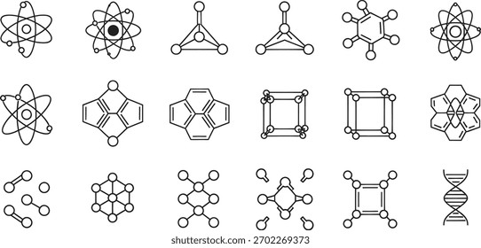 Collection of various atom and molecule structure outline vector icons