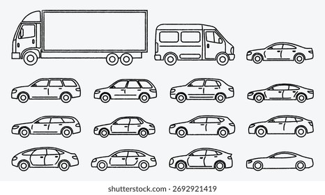 Coleção de várias formas de automóveis e modelos em design de estilo de contorno