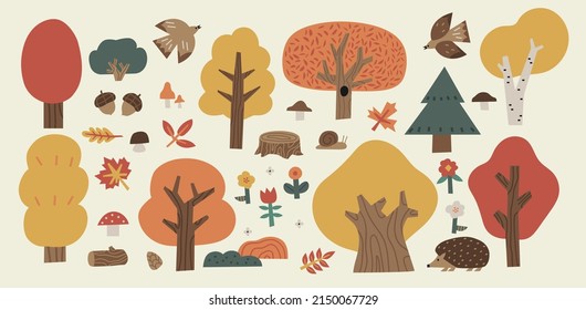 Collection of various autumn forest elements. Set of abstract forest trees, plants and animals. Vector hand drawn illustration. All elements are isolated.