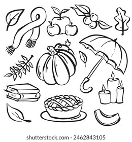 A collection of various autumn-themed icons depicted in black and white. Icons include leaves, pumpkins, acorns, scarecrows, and apples, symbolizing the fall season.