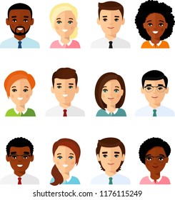 Collection of various avatars of international man, woman. Set of different avatar african american, european peoples in colorful flat style.