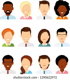 Collection of various avatars of international man, woman. Set of different avatar african american, european people faces  in colorful flat style.
