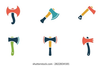 Collection of various axe icons showing different styles of woodsman tools with woodsman, lumberjack