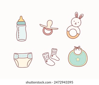 Collection Of Various Baby Toys And Items That Provide Entertainment And Promote Development. Rattles, Pyramid, Teething Rings. Hand drawn style vector design illustrations.