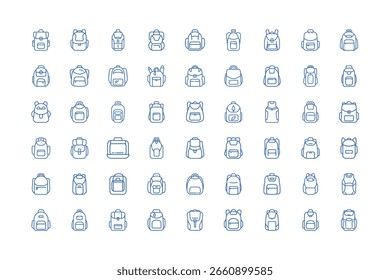 Collection of various backpack line icons on white background. School and travel theme.