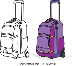 Collection of various backpack with wheels for business trip and vacation. Flat set of luggage on transparent background. Simple isolated vector illustration.