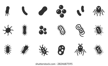 Collection of various bacteria, virus, and microorganism icons representing microscopic biological threats, cellular structures, and pathogen research.