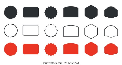 Collection of various badge and label shapes in solid, outline, and colored styles.