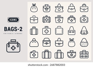 Collection of various bag icons for design and illustration projects White Background.
