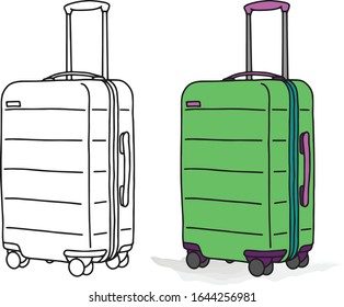 Collection of various baggage with wheels for journey, business trip and vacation. Flat colorful set of luggage on white background. Simple isolated vector illustration.