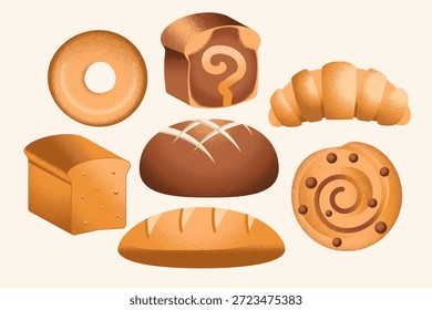 Uma coleção de vários produtos assados, incluindo um croissant, bagel, pão e rolo de canela. Estilo desenhado à mão com textura granulada para padaria e menus de café.