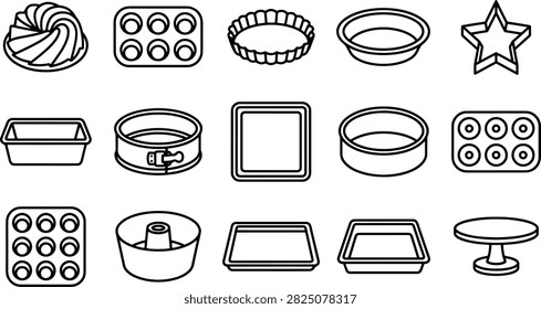 A collection of various baking pans, cake molds, and kitchenware icons, including muffin tins, loaf pans, springform pans, and cookie cutters, isolated on white background.