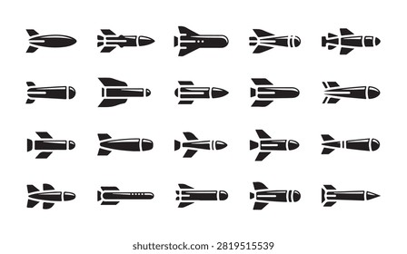 Collection of various ballistic rocket silhouettes simple vector elements for defense theme and weaponry project graphic.