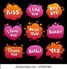 Collection various balloons with message, phrases, words, expressions, text. Colored blots on black background. Bright beautiful colorful clouds dialog.