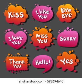 Collection various balloons with message, phrases, words, expressions, text. Colored blots. Bright beautiful colorful clouds dialog.