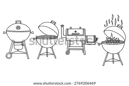 Collection of various barbecue grills, including kettle grills and a smoker, hand-drawn in a simple line art style, isolated on a white background.