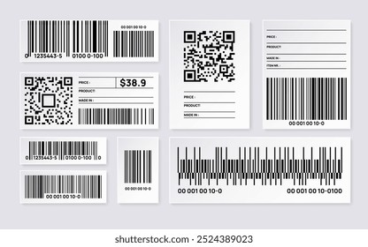 Uma coleção de vários códigos de barras e códigos QR em rótulos brancos com informações sobre o produto e preços.