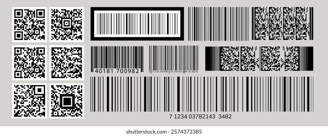 A collection of various barcodes and QR codes. Includes linear barcodes, QR codes, and data matrix codes. Useful for scanning and data storage. Electronic payment elements, vector set.