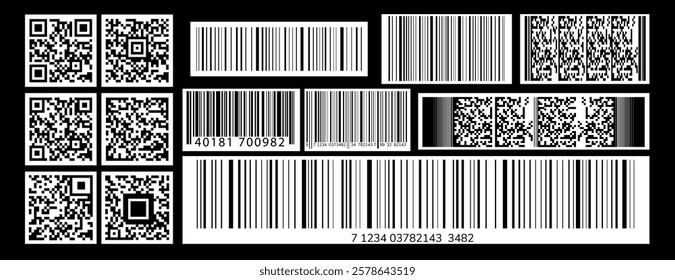 Collection of various barcodes and QR codes on a black background. Includes QR codes, barcodes, and data matrix codes. Ideal for technology and scanning themes. Electronic payment elements, vector set