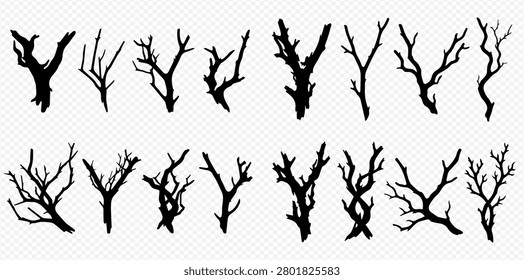 A collection of various bare tree branches and dead twigs in silhouette, perfect for creating spooky or natural designs.