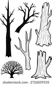 Una colección de varios árboles desnudos, ramas y tocones de árboles en un estilo de Ilustración vectorial dibujado a mano en blanco y negro, ideal para diseños naturales