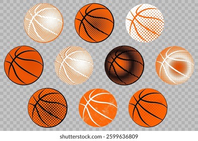 Collection of various basketball graphics featuring unique textures and colors, showcasing essence of sports through artistic representations of basketball equipment. Vector illustration.