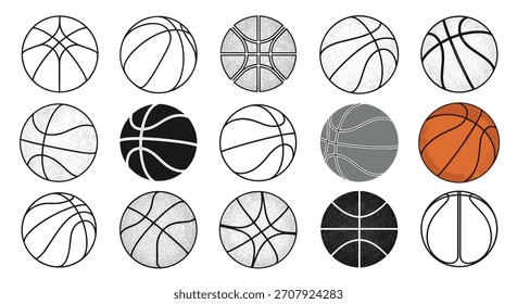 Coleção de várias ilustrações de basquete com diferentes padrões de linha e preenchimentos de cor.