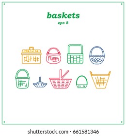 Collection of various baskets. Wicker empty baskets. Linear style