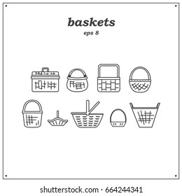 Collection of various baskets. Wicker empty baskets. Linear style