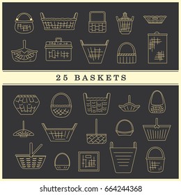 Collection of various baskets. Wicker empty baskets. Linear style