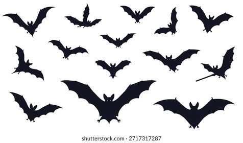 Collection of various bat silhouettes in different flying positions perfect for halloween decorations and spooky nocturnal themes.