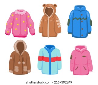 collection of various beautiful warm winter jackets, drawing in cartoon style on white background, vector illustration