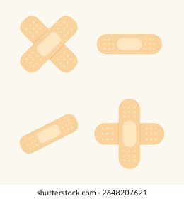 Uma coleção de várias ataduras adesivas beges em um estilo de vetor plano. Este conjunto de ícones inclui diferentes formas para primeiros socorros, tratamento de feridas, lesões e conceitos médicos