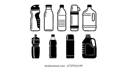 Collection of various beverage containers and bottles displayed from a straightforward front view.