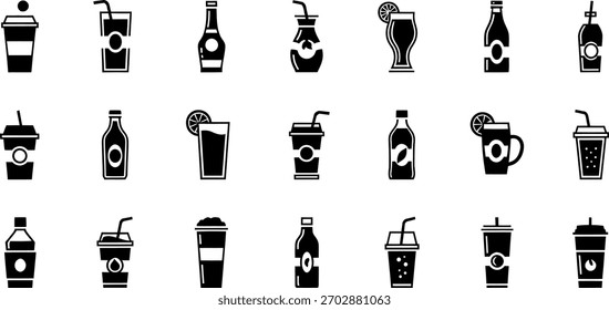 Una colección de varios íconos de bebidas, incluidos diferentes tipos de bebidas en tazas, vasos y botellas, adecuados para ilustraciones de Diseños web o menús.