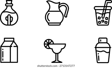 Colección de varios íconos de bebidas en estilo de arte de línea simple