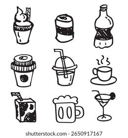 Collection of various beverage illustrations, hand drawn, black and white line art style vector, for use as illustration.