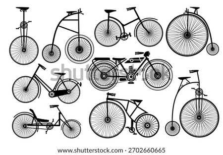 Collection of various bicycle models illustrating the history and transport evolution, from penny-farthings to modern recumbents