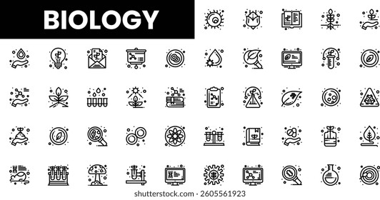 Collection of various biology icons in a minimalist black and white design.