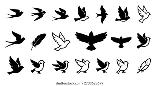 Colección de varias siluetas de aves en diferentes poses y patrones de vuelo
